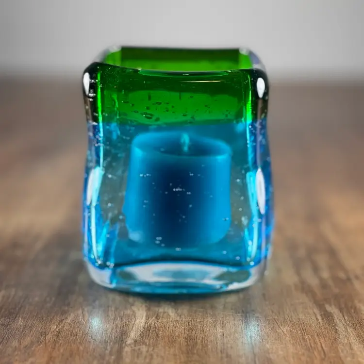 Hand blown Bubbled Green Blue Graduated Art Glass Candle Votive Holder
