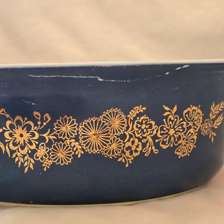 PYREX Golden Bouquet #043 Oval 1½Qt Casserole DISH ONLY NO LID Promo Blue Gold
