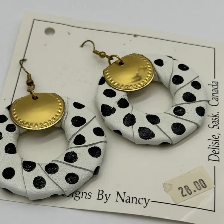 Vintage 1980’s Hand Made Dangle Earrings Leather Metal Mixed Material Retro OOAK