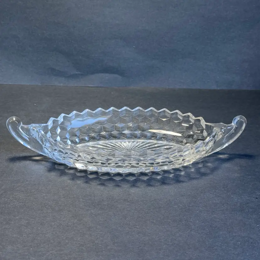#1536 Vintage Fostoria American Clear Crystal Glass Double Handle Serving Dish Tray Diamond Point Or A Banana Boat