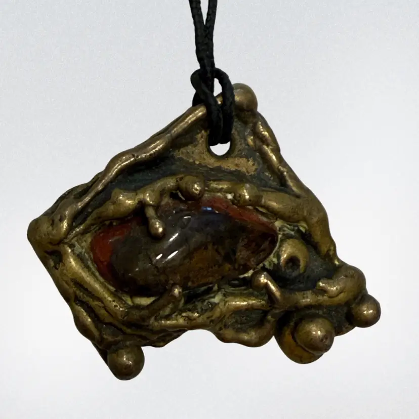 Vintage MCM Modernist Brass Brutalist Pendant w/ Agate Jack Boyd Era 1.97”