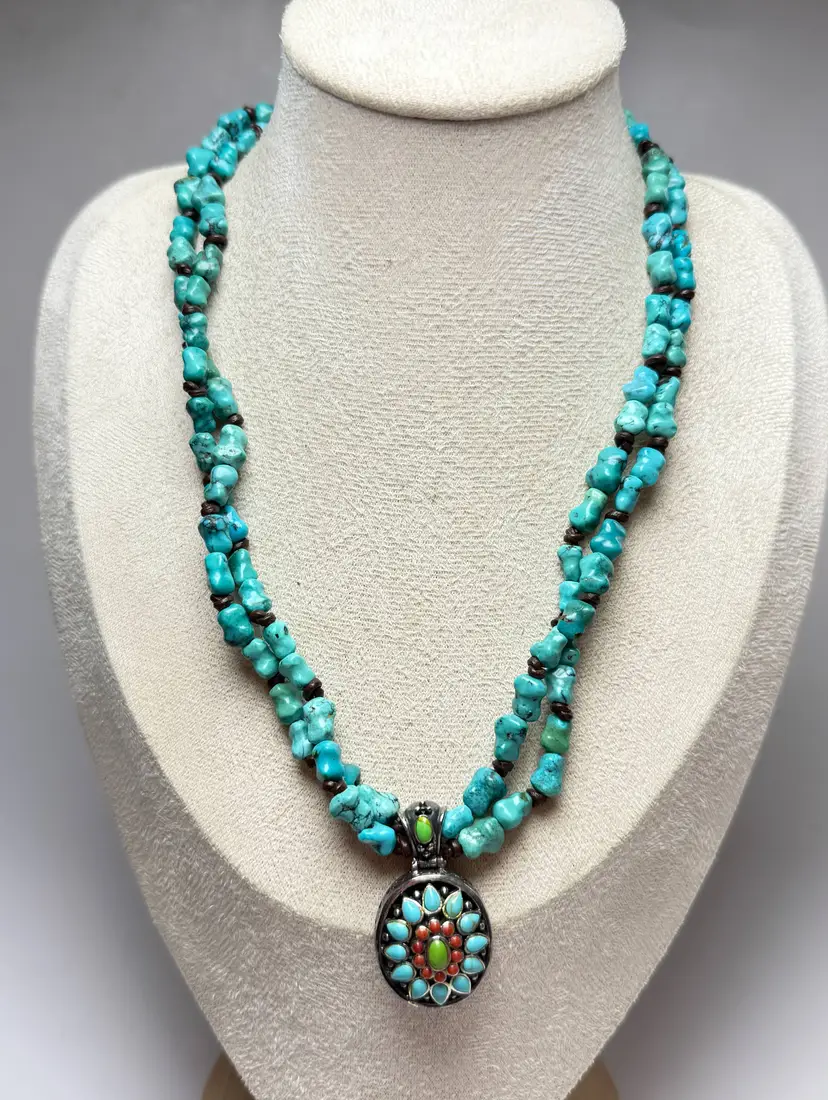 Vintage Signed Barse 925 Sterling Silver Turquoise Nugget Necklace Oval Pendant