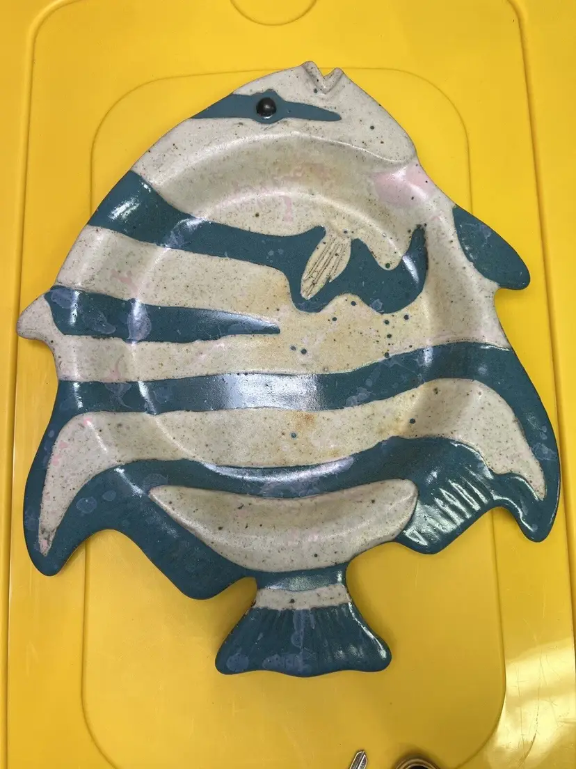 Tom Chamberlain Pottery Platter Stamped Stoneware Glazed Fish Shaped Shallow Dish