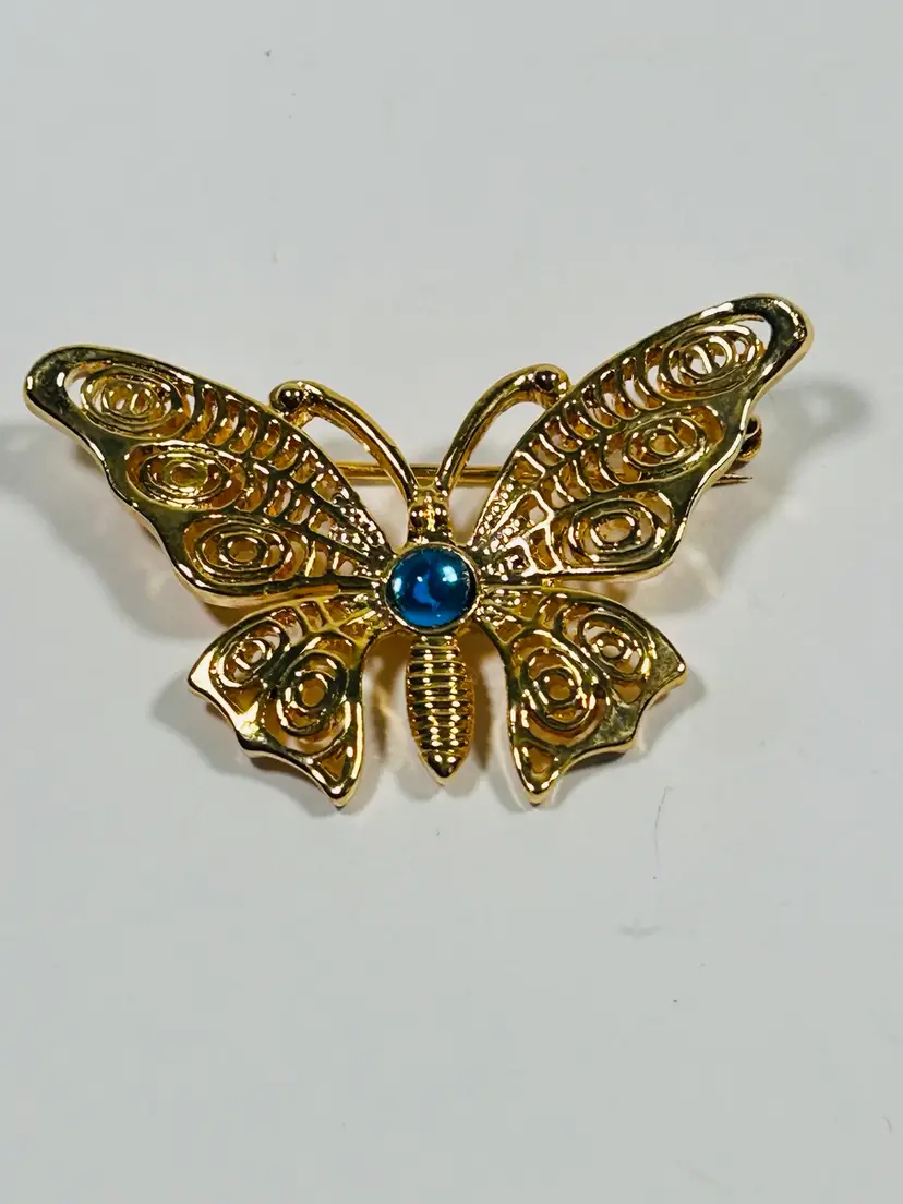 Vintage Foster Grant Faux Gold Blue Topaz Cabochon Butterfly Pin Brooch