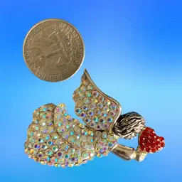 Silver Tone Rhinestone  Flying Angel Brooch  With Red Rhinestone Heart.