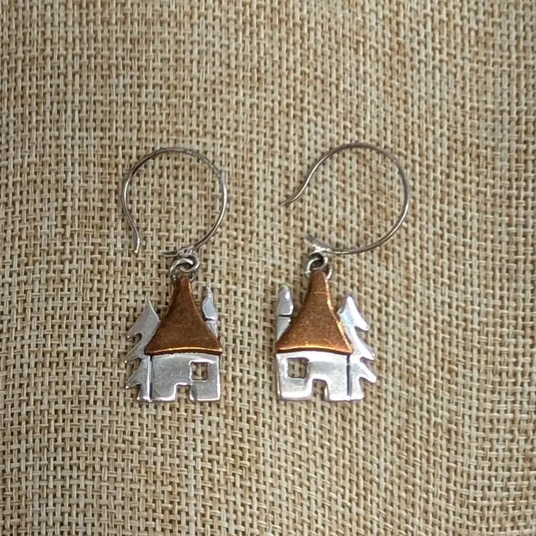 Vintage Anne Harvey House Tree Earrings Artisan Sterling 925 Copper Mexico Hoop