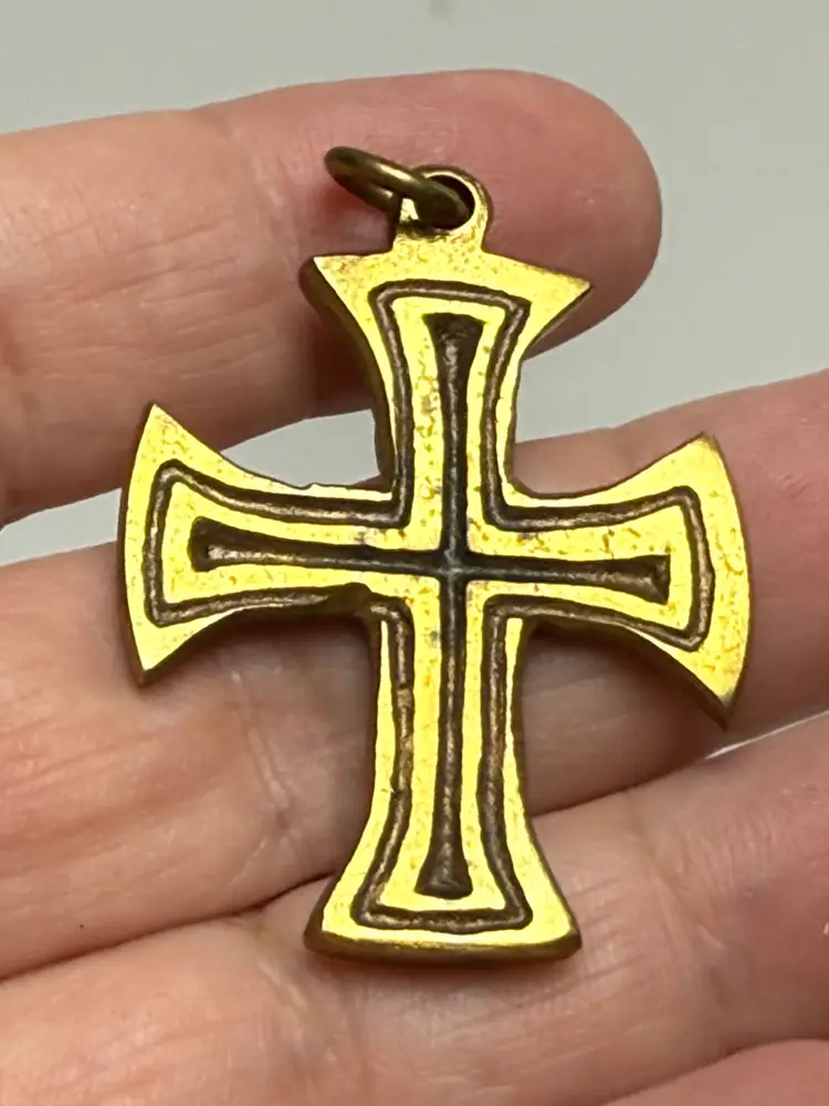 Vintage 2" Brass Colored Enamel Byzantine Style Heraldic Cross Pendant Jewel