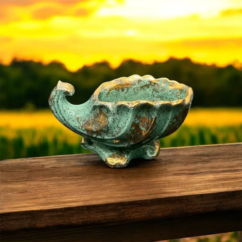 9) Vintage Ceramic Cornucopia Teal Green & Gold Planter
