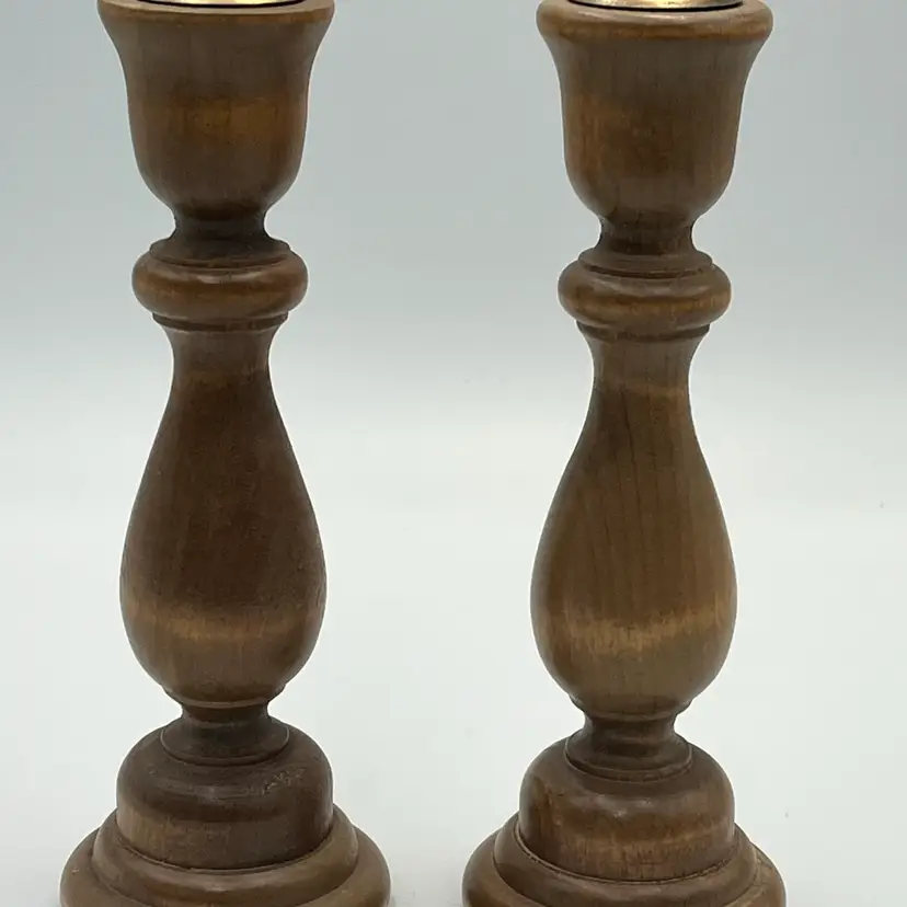 Pair Of Turned Wood Candlestick Holders With Brass Inserts