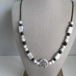 #01 - Vintage Upcycled White and Black Beaded Mineral Necklace with Tree of Life Pendant