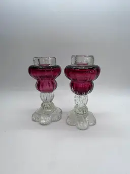 Rare Pair ROSSI 1970s Cranberry Glass Mouth Blown Studio Art Glass Candle Holders Made in Canada