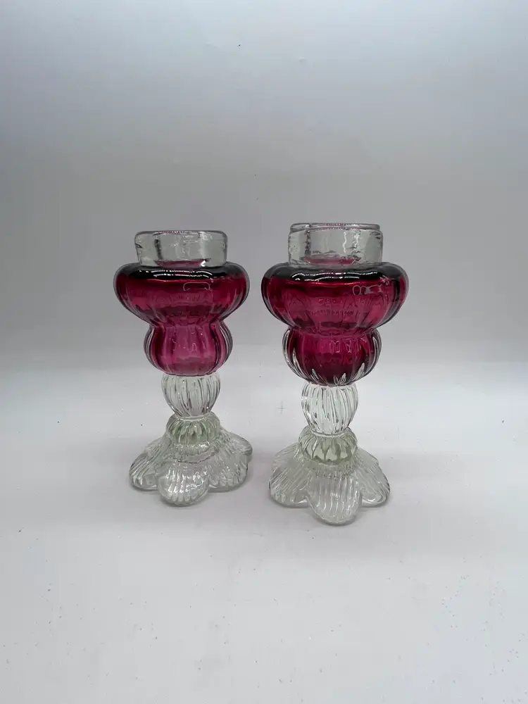 Rare Pair ROSSI 1970s Cranberry Glass Mouth Blown Studio Art Glass Candle Holders Made in Canada