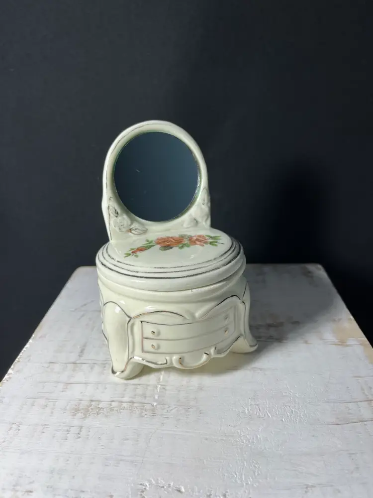 VTG Victorian Style Ceramic Vanity Trinket Box W/mirror-Ivory Colored w/peach Roses and Gold Trim