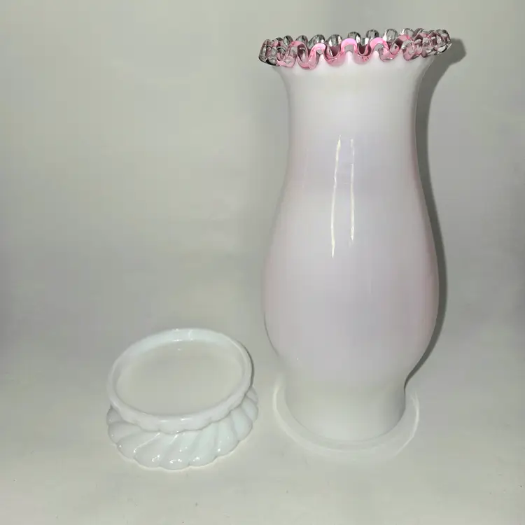 #01 144  Fenton Hurricane Lamp Peach Cased Milk Glass Silver Crest 2 Pieces