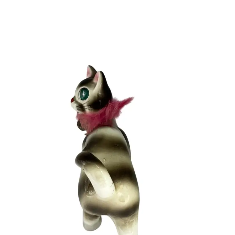 Vintage Cat Figure Big Eyed Pink Feather collar White/Brown Stripes (ceramic)