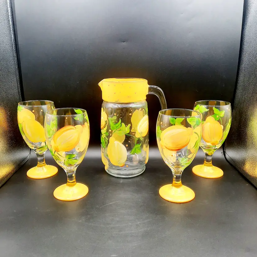 Handpainted Lemons & Leaves Glass Pitcher and 4 Iced Tea Water Glasses Goblets