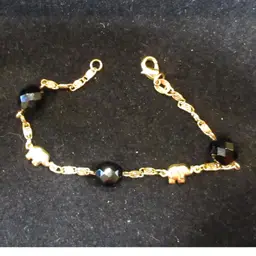 Vintage Gold Filled (Marked GHR) Bracelet with Gold Elephants & Black Acrylic Crystal Beads w/ a Lobster Clasp - 7 Inches Long