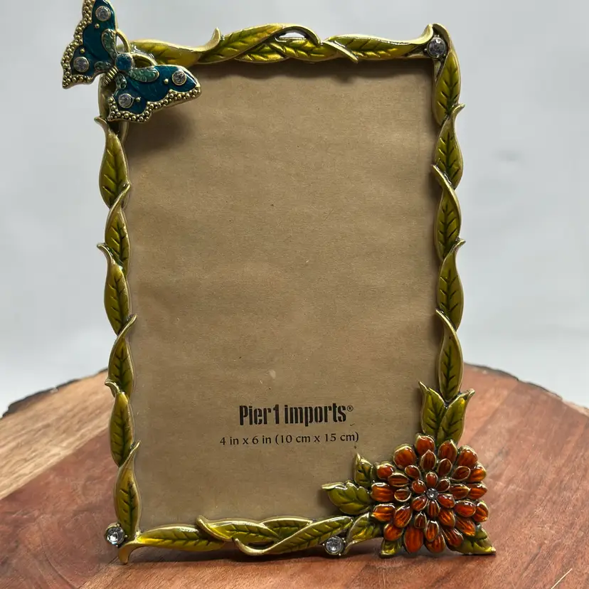 Vintage Pier 1 Imports Jeweled Enamel/Metal Picture Frame w/3D Butterfly Floral