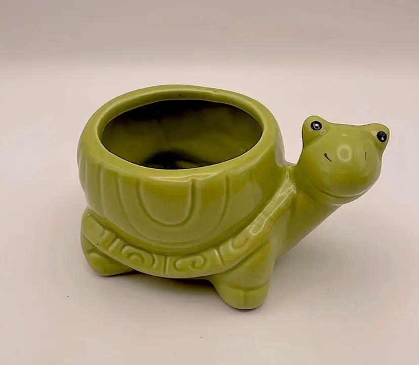 VTG Lime Green Turtle Plant Kitschy Tortoise Glazed Ceramic Succulent Pot, Tillie the Turtle