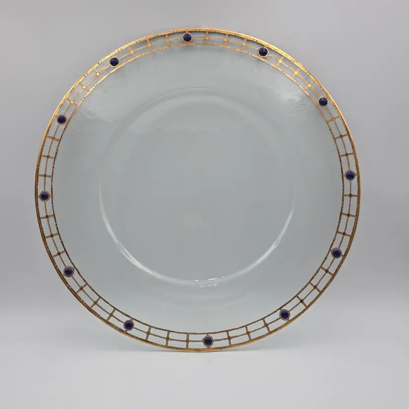 Peter Crisp Art Glass Cake Plate/ Platter With Gilt Rim And Blue Glass Beads Signed