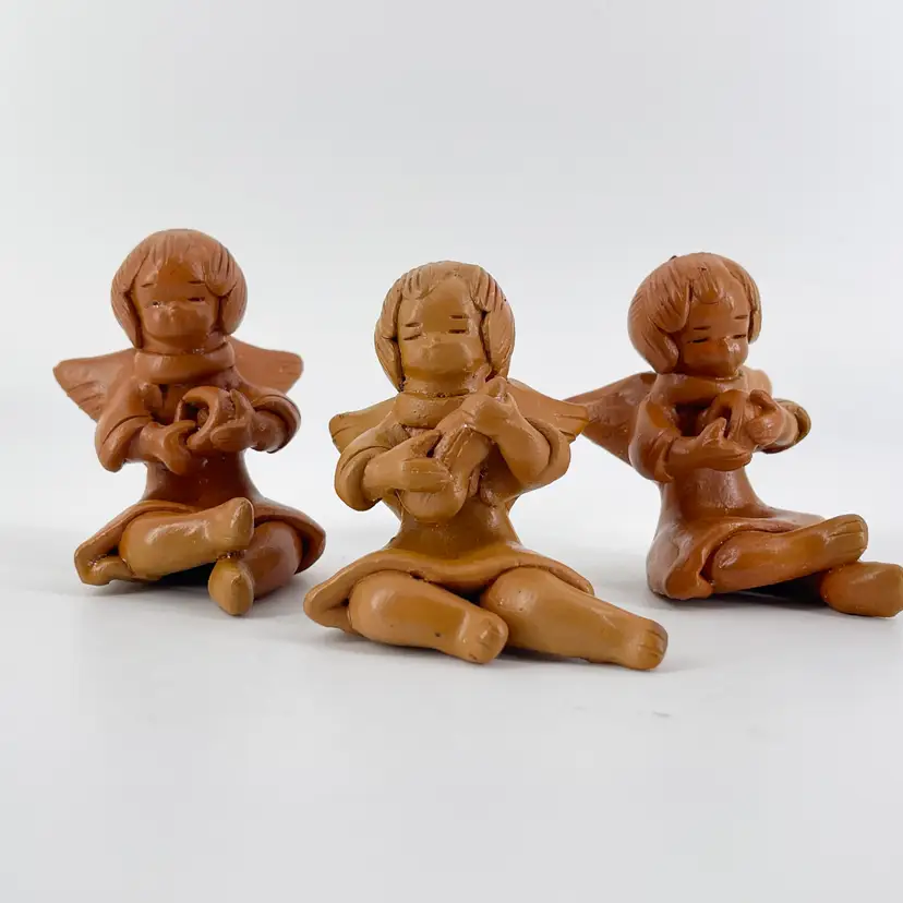 Vtg Lot 3 Hand Molded Red Clay Angel Cherub Ornaments 2.75" Figurines