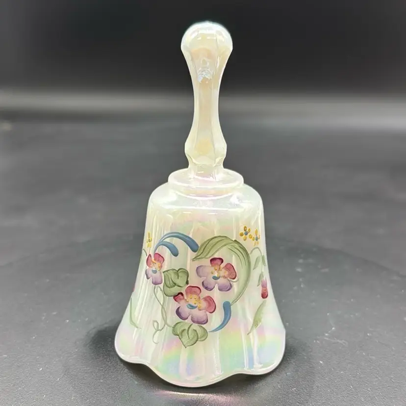 VINTAGE FENTON HAND PAINTED VIOLETS FLORAL DESIGN WHITE IRIDIZED BELL D. BARBOUR