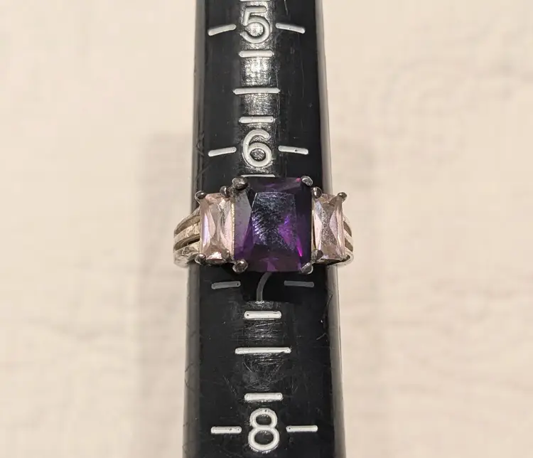 Vintage Sterling Silver Ring with Deep Purple and Pale Pink Stones, Size 6.5