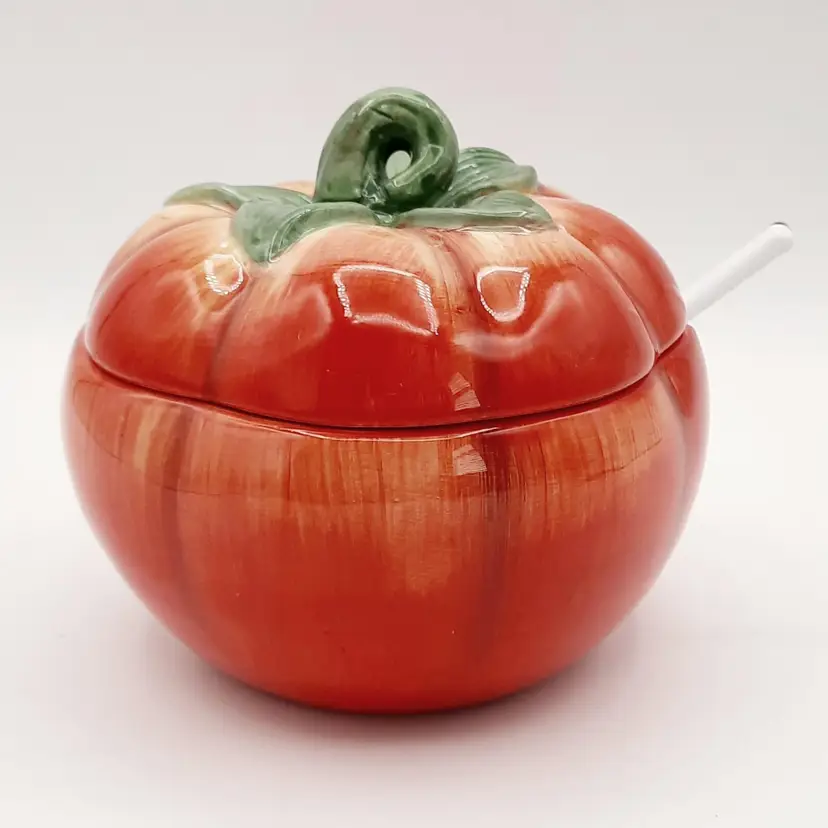 Vintage Tomato Lidded Sugar Bowl with Glass Spoon