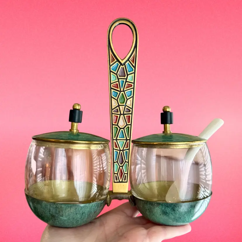 MCM Funky Metal Glass Enamel Condiment Jam Jar Serving Set Made In Israel READ