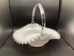 2582-Large Vintage Fenton Silver Crest Basket With Clear Handle, 11.5x13x11”-Handle Glows