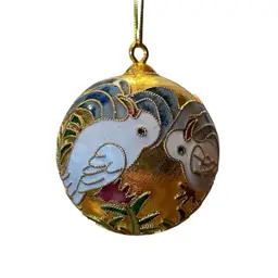 Cloisonne Hanging Ornament with Two White Birds Doves Vintage Christmas