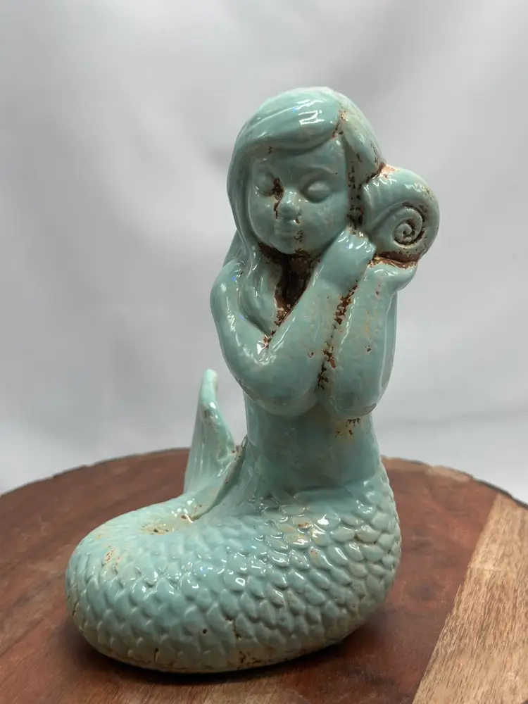 Mermaid Princess Ceramic Sea Foam Antiqued Statue Nautical Decor Sea