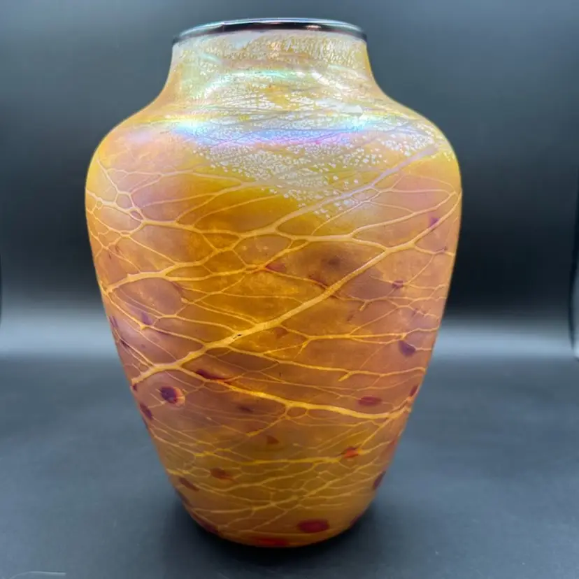 Tom Stoenner Art Glass Golden Sunset Pink Iridescent 11” Vase, Don Drumm Gallery