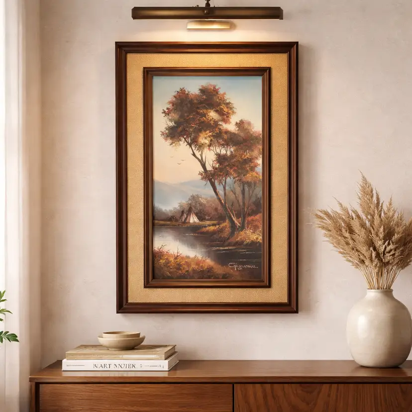 Vtg Framed Painting of River Scene and Teepees, Artist Signed G. Gildelatorre