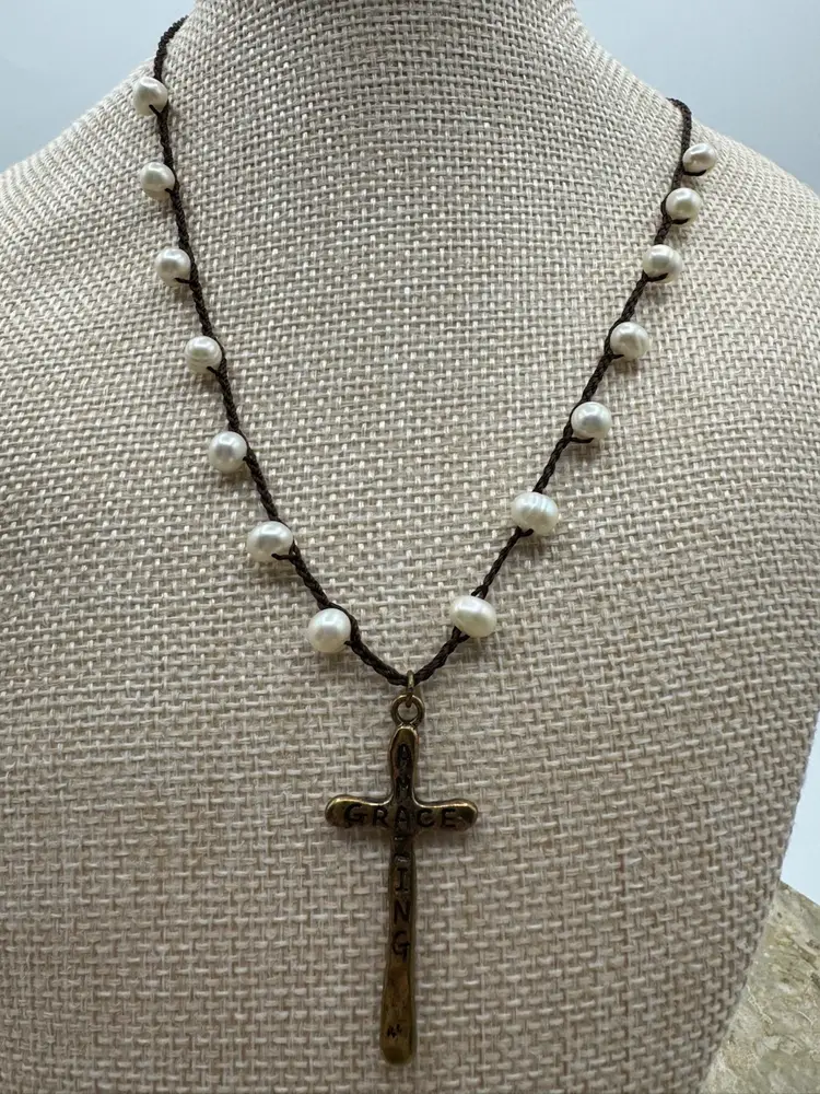 Genuine Pearl & Brass Tone Cross With The Words, Amazing Grace