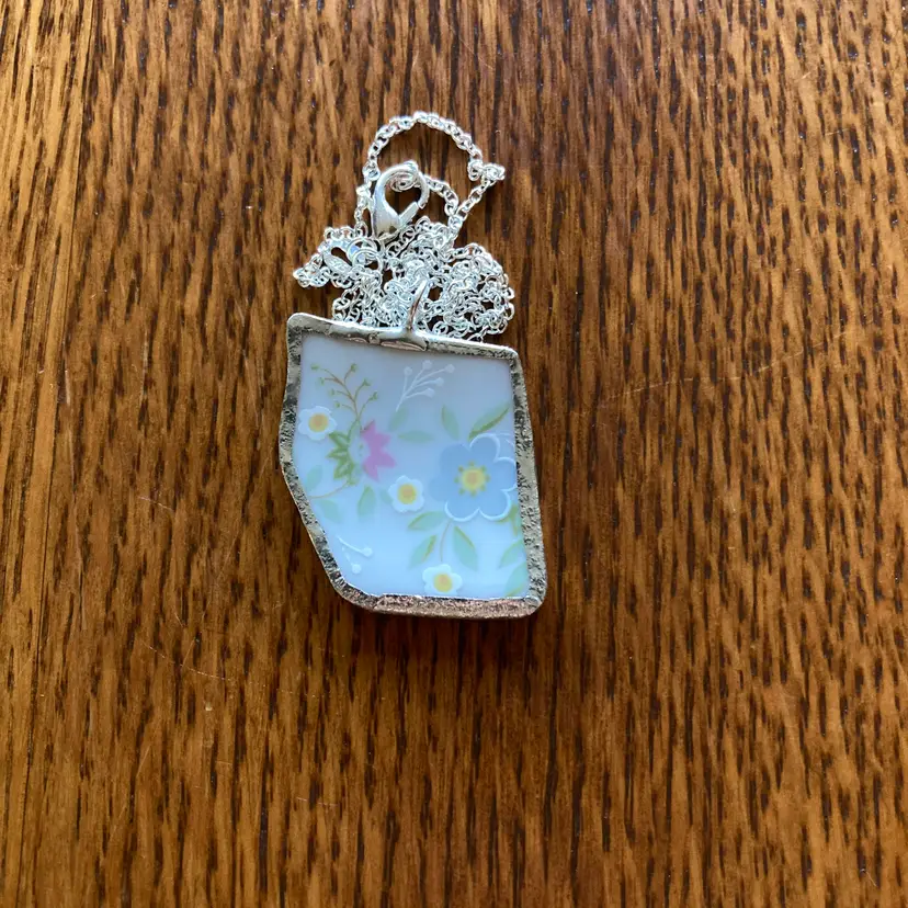 Broken Pottery Artisan Made Floral Pendant Johann Haviland Bavaria Germany Plate Handcrafted Necklace 1 1/8 in x 1.25 in