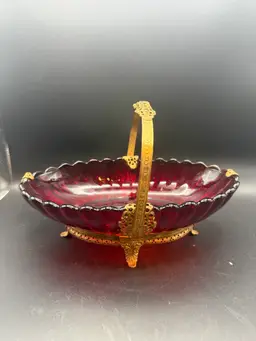 Antique Imperial Glass Ruby Red Glass Basket with Ornate Gold-Tone Metal Trim