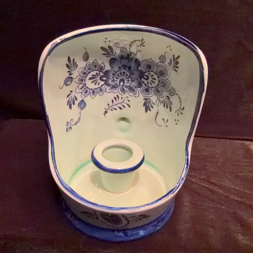 Vintage Japanese Candle Holder - hanging  Handle with Blue Flowers Delft Ware Inspired