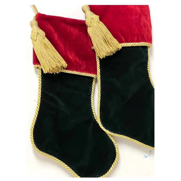 Set Of 2 Christmas Decor Stockings Red Green with Gold Tassel 17 in Height