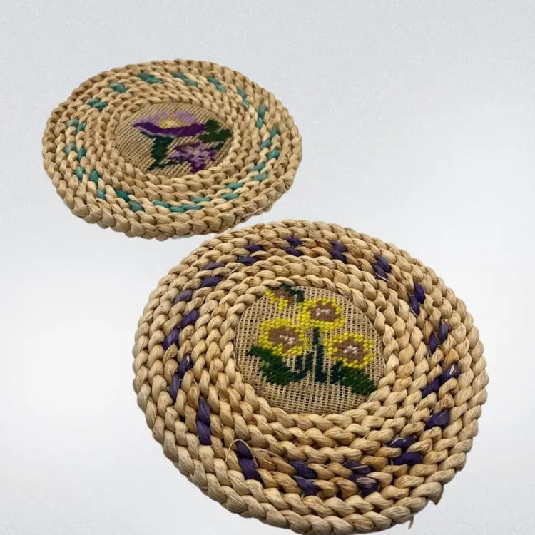 Set Of 2 Straw Woven Trivets W/ Cross Stitched Flowers 7"