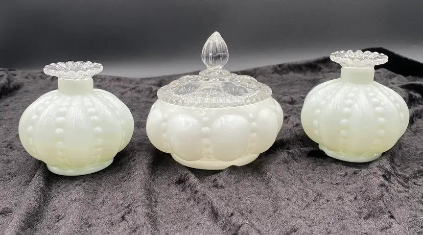 Vintage Fenton Vanity/Dresser Set, Silver Crest Beaded Melon Puff Jar & Vases