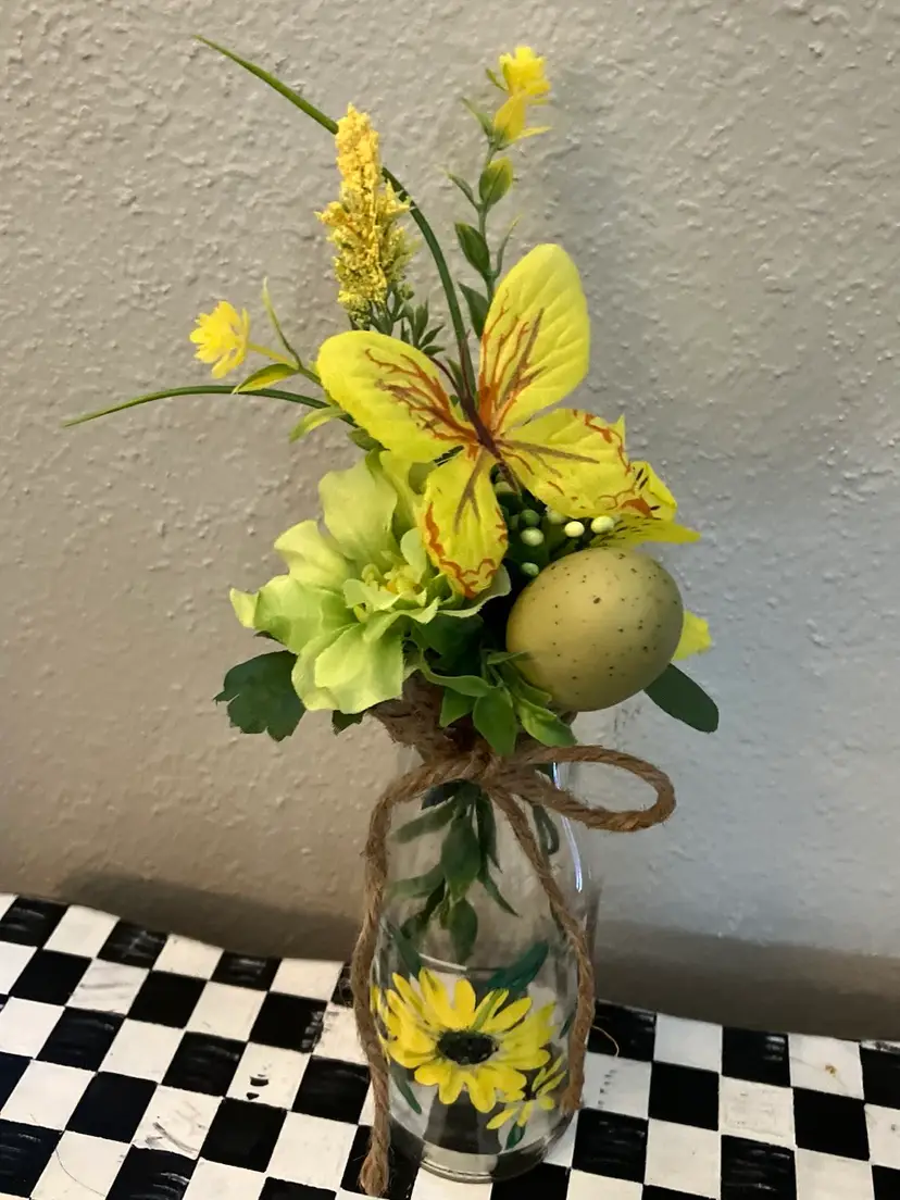 Hand Painter Bottle Vase With Yellow & White Spring Flowers & Faux Easter Egg