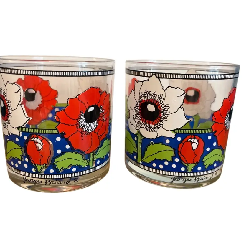 Pair Of Georges Briard Poppies & Polka Dots Rocks Glasses ~ Beautiful! 🌺