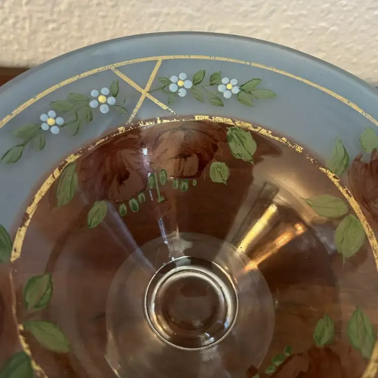 Vintage Depression Glass Art Deco Blue Floral Hand Painted Footed Dish