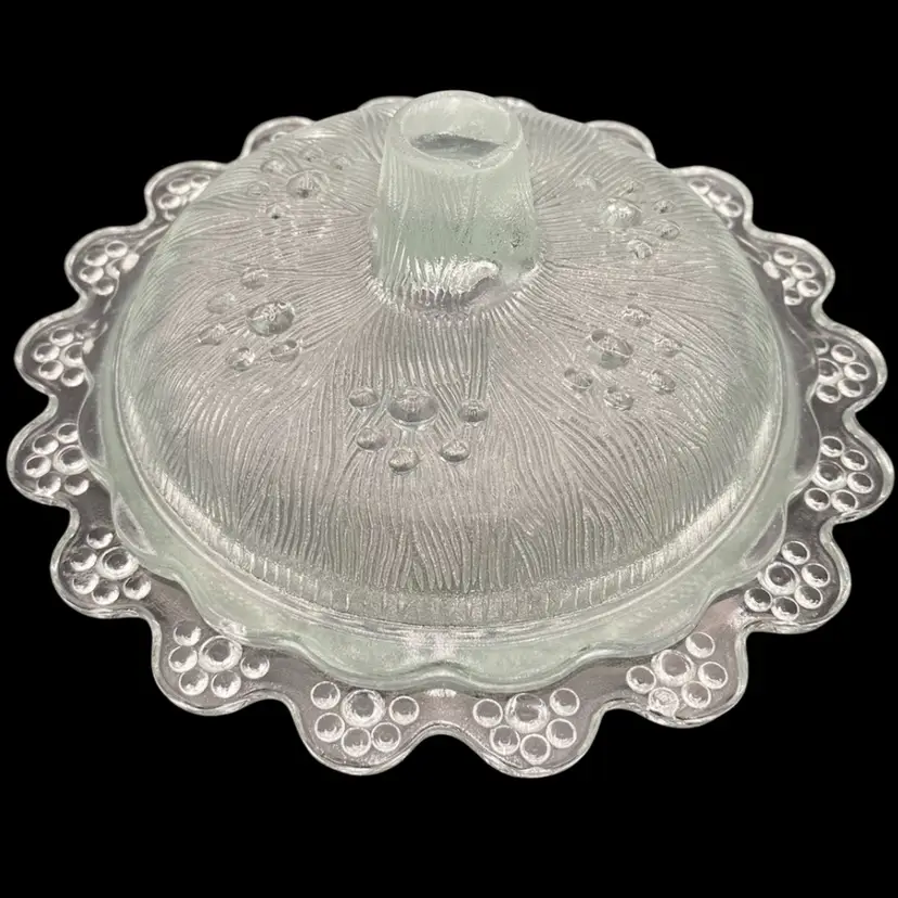 Vintage Japanese Frosted/Etched Glass Lidded Candy Dish,  Bubble Edge, Scalloped