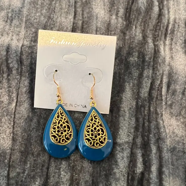 Blue and Gold Teardrop Earrings