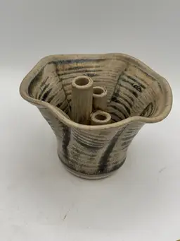 Studio Pottery Flower Frog / Ikebana Vase With Streaky Glaze And Three Openings-Signed