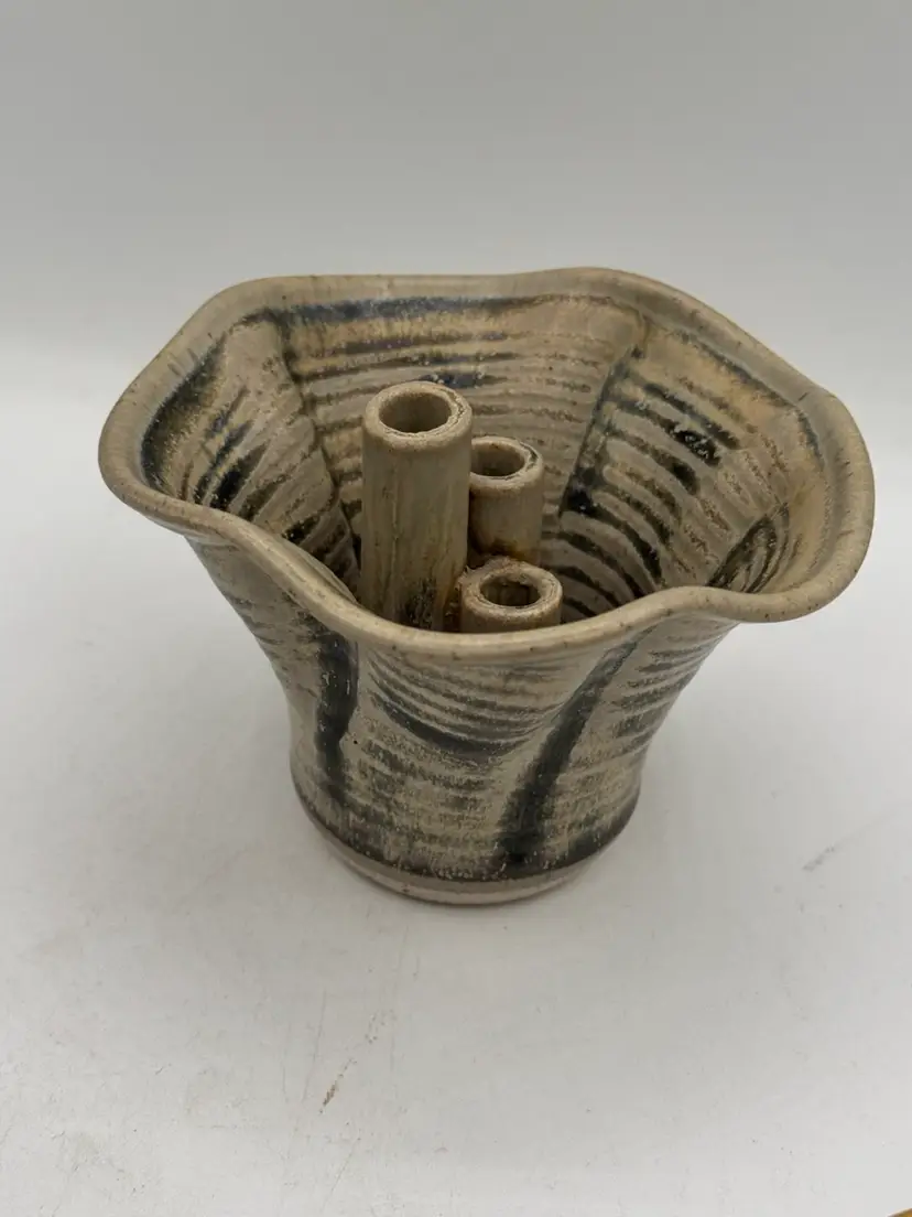 Studio Pottery Flower Frog / Ikebana Vase With Streaky Glaze And Three Openings-Signed