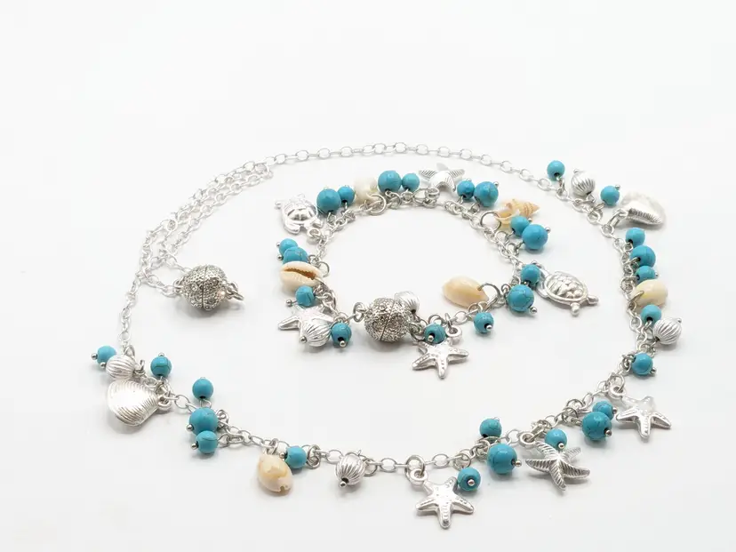 Silver Tone Sea Life Charm Bracelet and Matching Necklace Suite