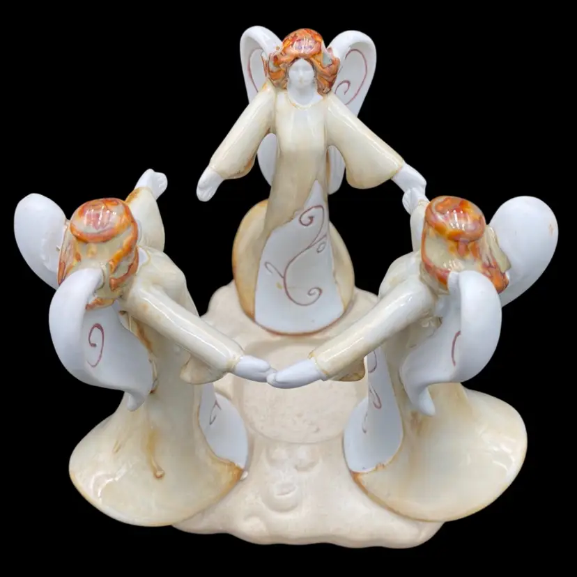Vintage Stoneware Circle of Three Angels Holding Hands, Votive Candle Holder, 5.75”